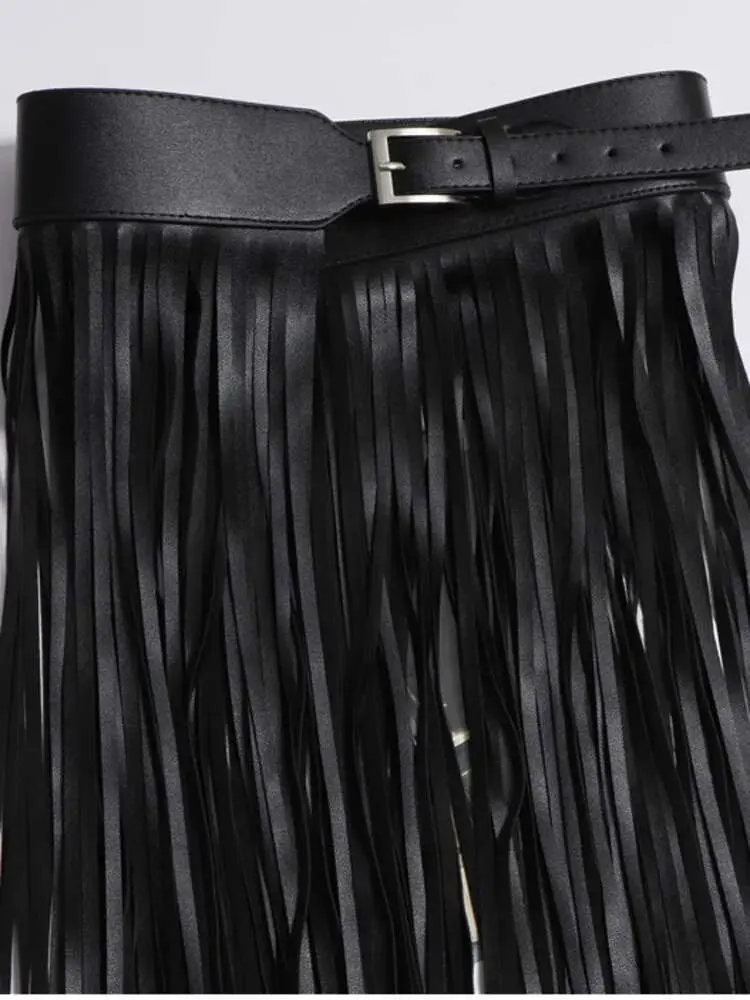 LANMREM Basics PU Leather Skirt Women Belt Black Color High Street Decoration Full Tassels Skirts Female New Fashion 2DC1326