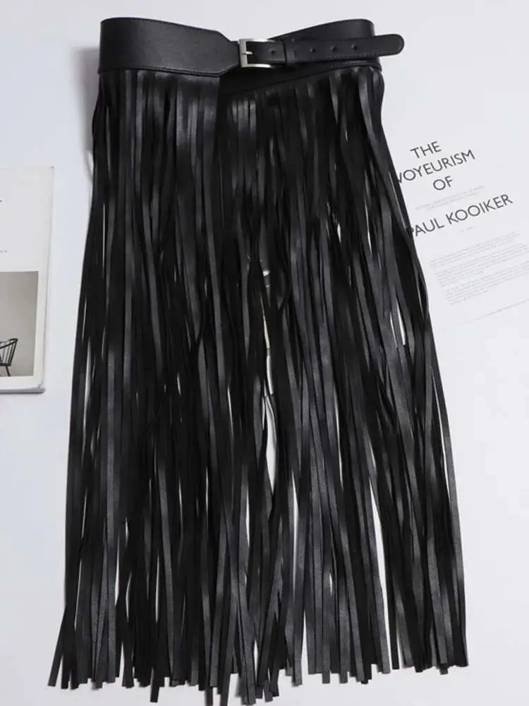 LANMREM Basics PU Leather Skirt Women Belt Black Color High Street Decoration Full Tassels Skirts Female New Fashion 2DC1326