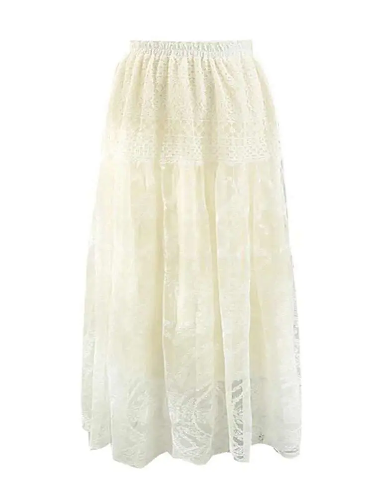 LANMREM Big Swing Lace Skrits For Women Elastic Waist Embroidered Long Length Female Fashion Streetwear Clothes 2024 New 2DA4904