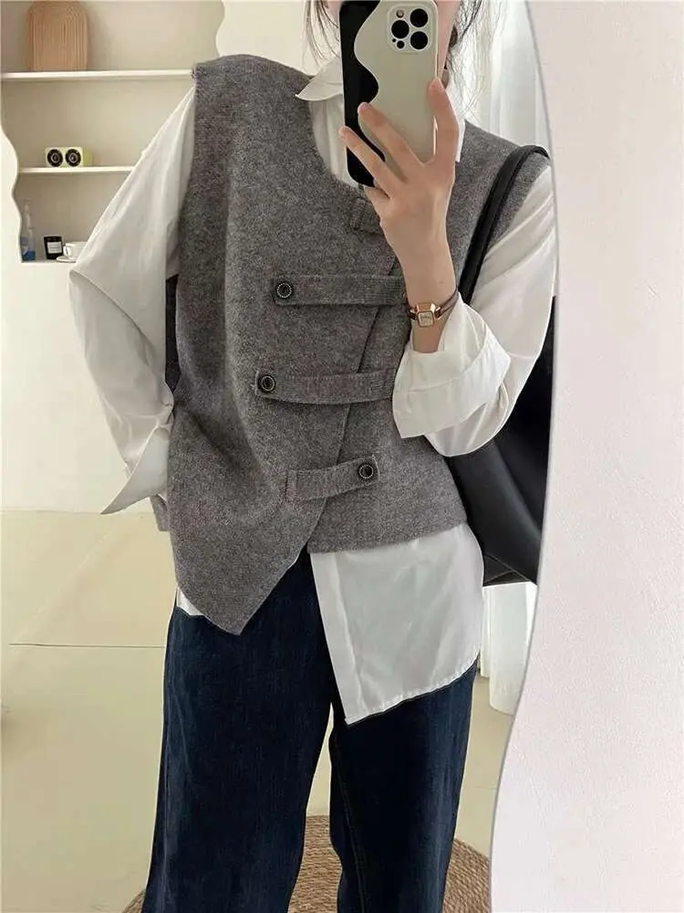 LANMREM Irregular Sweater Vest For Women Round Neck Sleeveless Solid Color Casual Coat Female 2025 Spring Winter 2R7612