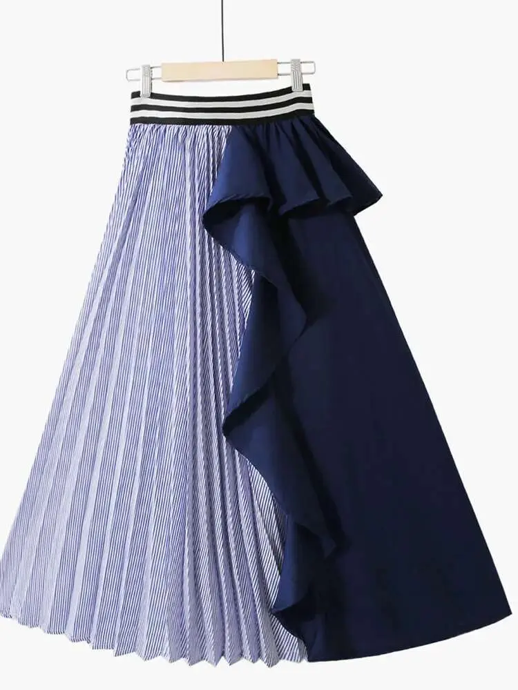 LANMREM Versatile Color Block Patchwork Skirts High Waisted Striped Ruffle Edge Irregular Pleats Medium Length Hem Skirt 2DA7014