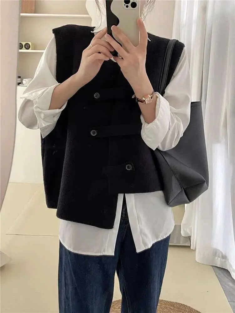 LANMREM Irregular Sweater Vest For Women Round Neck Sleeveless Solid Color Casual Coat Female 2025 Spring Winter 2R7612