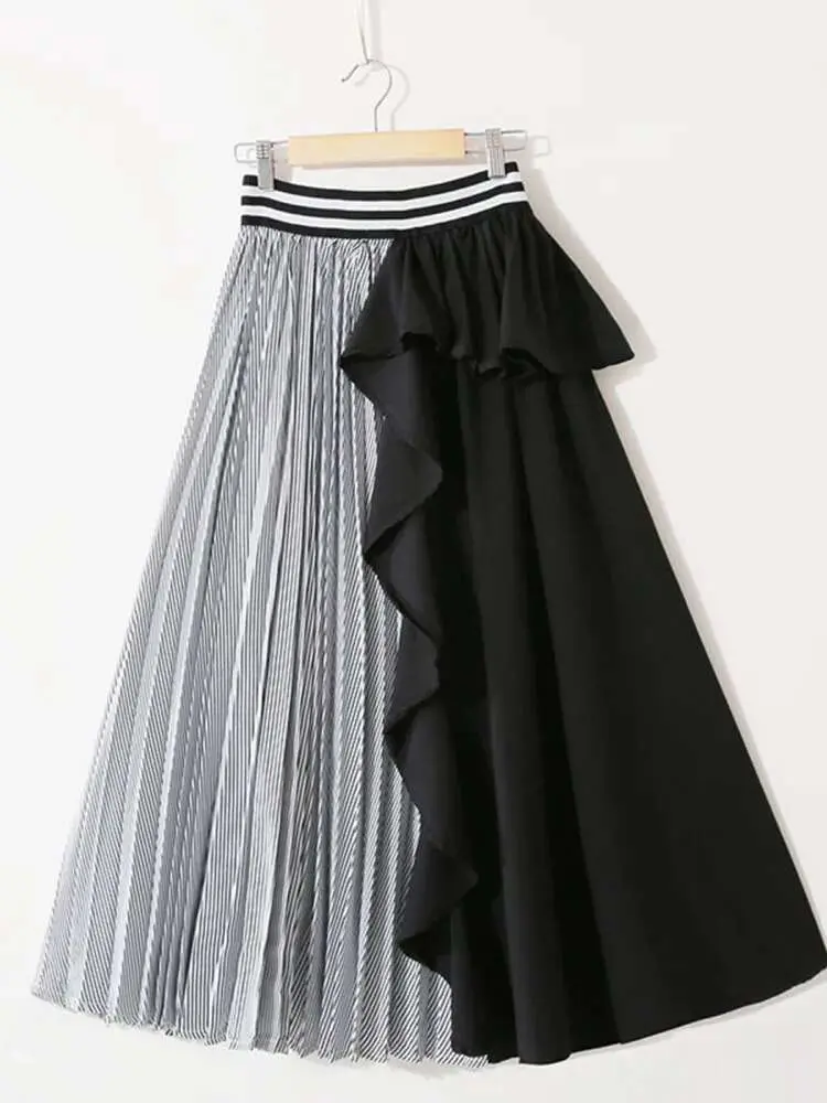 LANMREM Versatile Color Block Patchwork Skirts High Waisted Striped Ruffle Edge Irregular Pleats Medium Length Hem Skirt 2DA7014