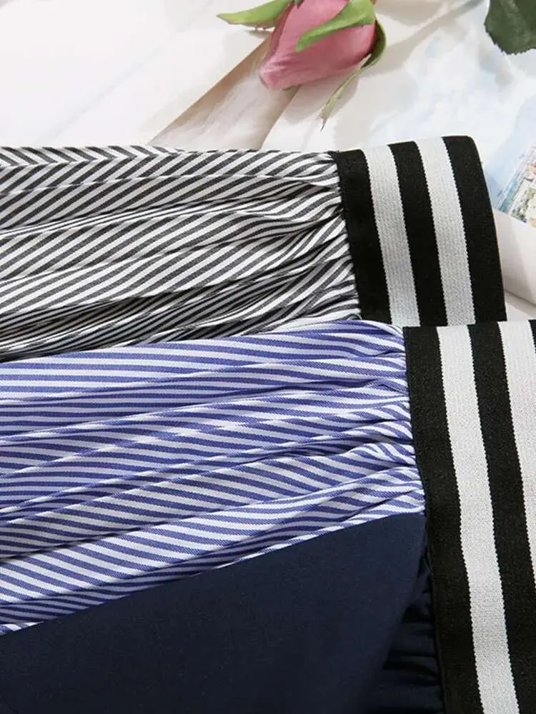 LANMREM Versatile Color Block Patchwork Skirts High Waisted Striped Ruffle Edge Irregular Pleats Medium Length Hem Skirt 2DA7014
