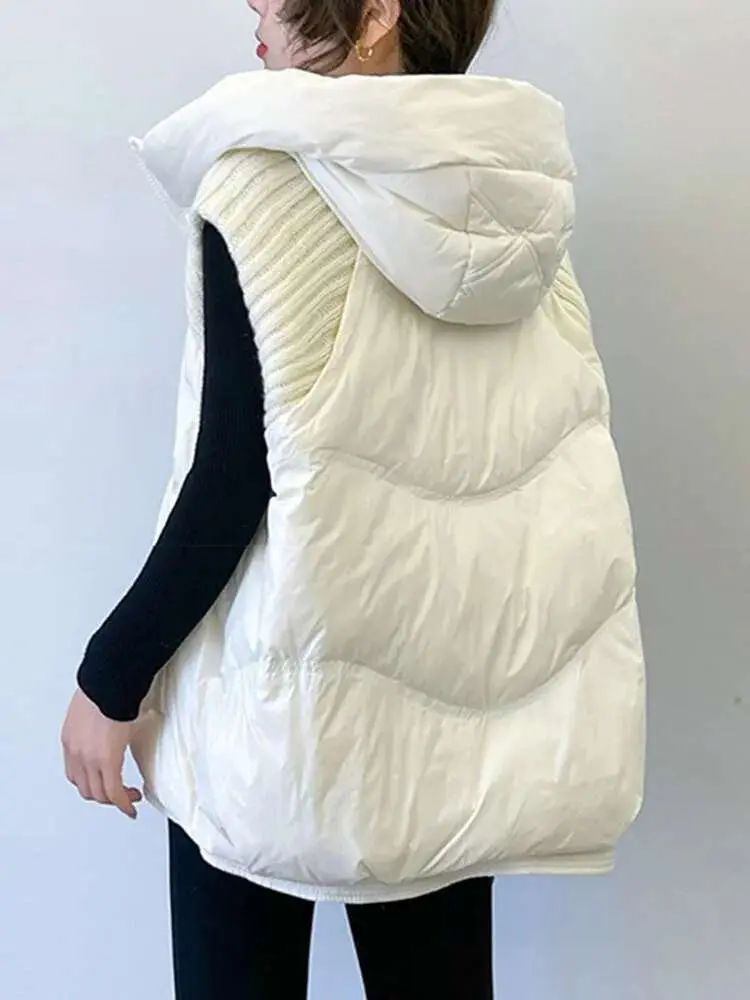 LANMREM Winter Versatile Dowm Vest For Women Hooded Knitted Sleeveless Spliced Solid Color Coat Casual 2024 New Clothing 2VV302