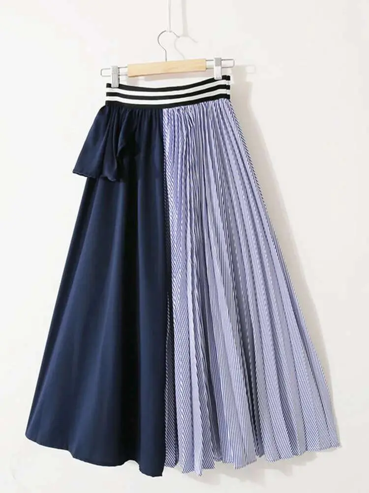 LANMREM Versatile Color Block Patchwork Skirts High Waisted Striped Ruffle Edge Irregular Pleats Medium Length Hem Skirt 2DA7014