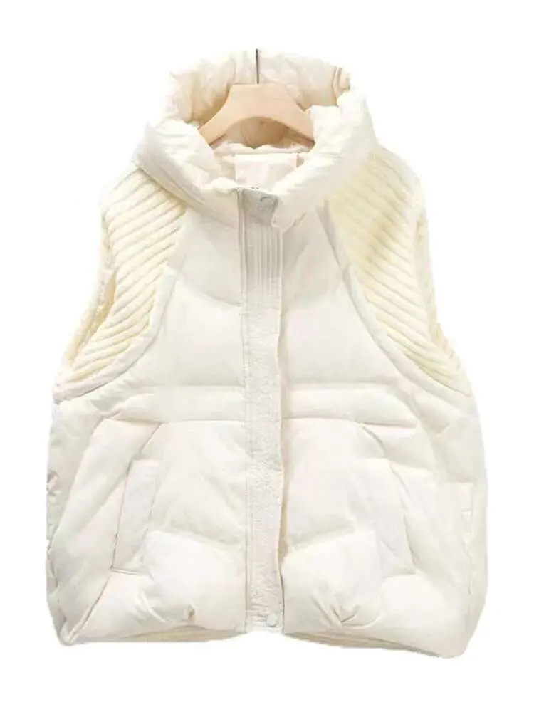 LANMREM Winter Versatile Dowm Vest For Women Hooded Knitted Sleeveless Spliced Solid Color Coat Casual 2024 New Clothing 2VV302