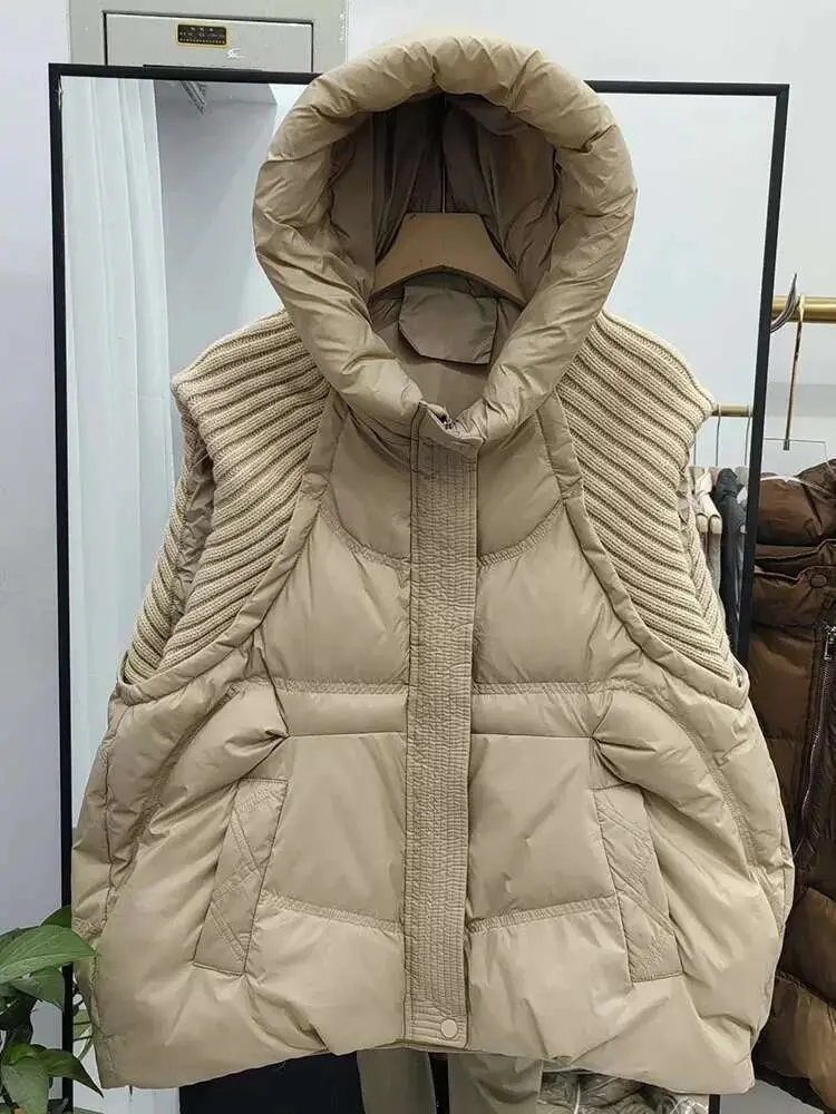 LANMREM Winter Versatile Dowm Vest For Women Hooded Knitted Sleeveless Spliced Solid Color Coat Casual 2024 New Clothing 2VV302