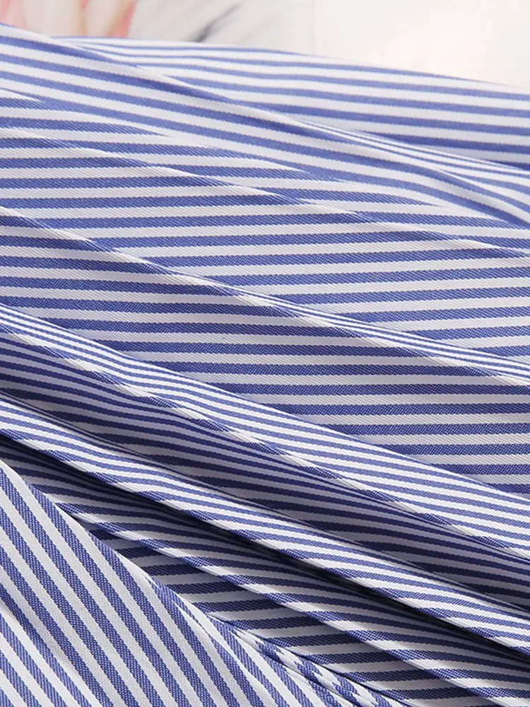 LANMREM Versatile Color Block Patchwork Skirts High Waisted Striped Ruffle Edge Irregular Pleats Medium Length Hem Skirt 2DA7014