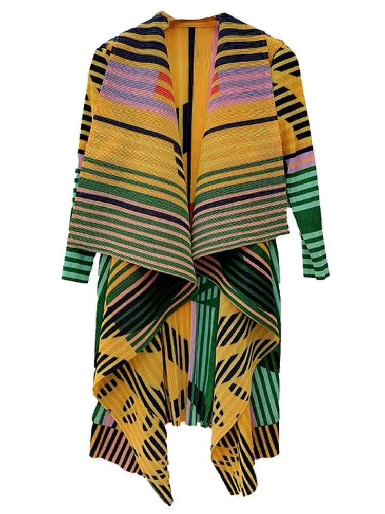 LANMREM Fashion Pleated Trench Coat 2025 Spring New Women's Plaid Print Color Block Striped Open Stitch Jacket 2DA8406