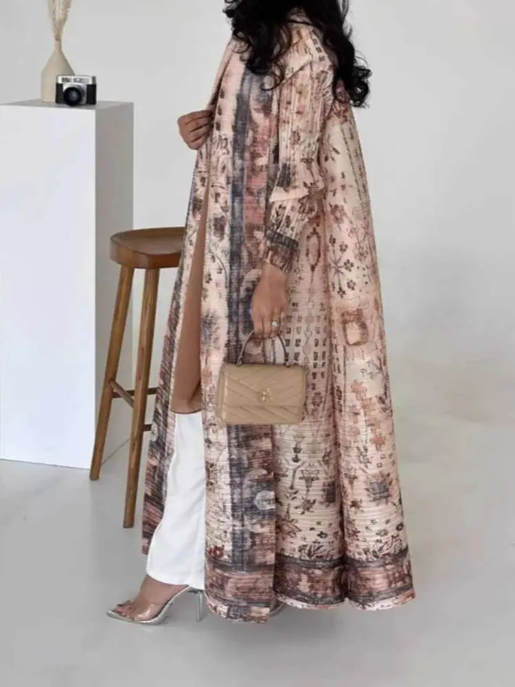 LANMREM Printed Pleated Trench Coat For Women Fashion Tide 2025 New Lapel Elegant Versatile Ethnic Style Long Cape Coat 2DE756