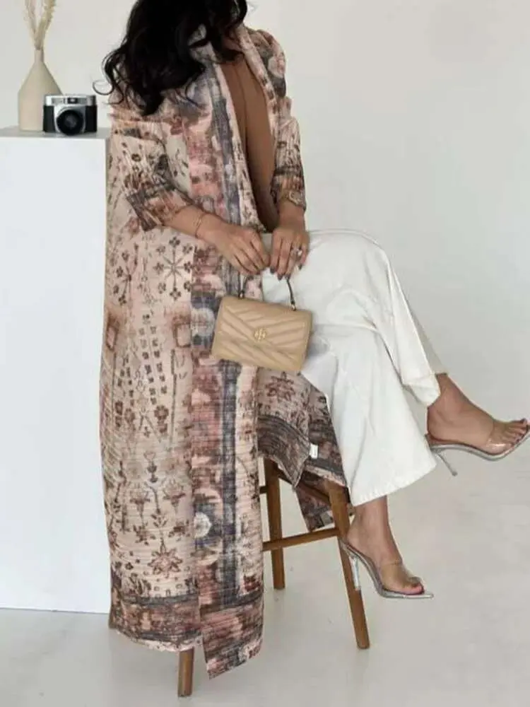 LANMREM Printed Pleated Trench Coat For Women Fashion Tide 2025 New Lapel Elegant Versatile Ethnic Style Long Cape Coat 2DE756