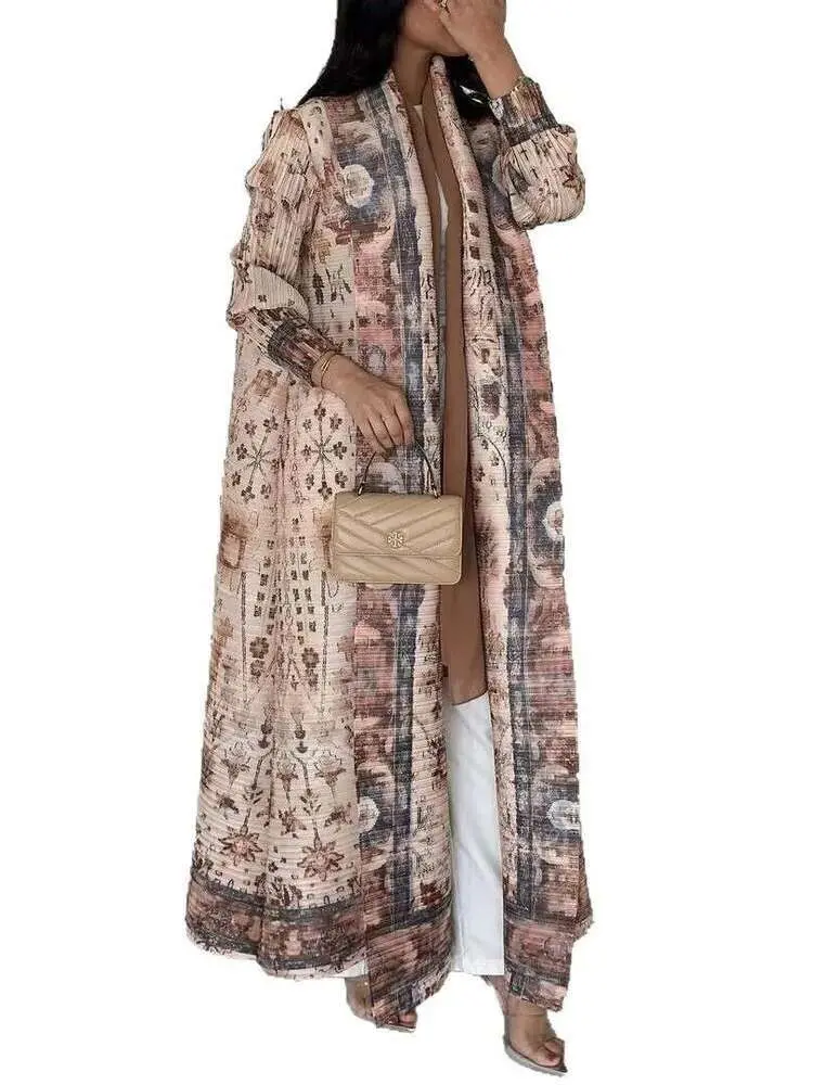 LANMREM Printed Pleated Trench Coat For Women Fashion Tide 2025 New Lapel Elegant Versatile Ethnic Style Long Cape Coat 2DE756
