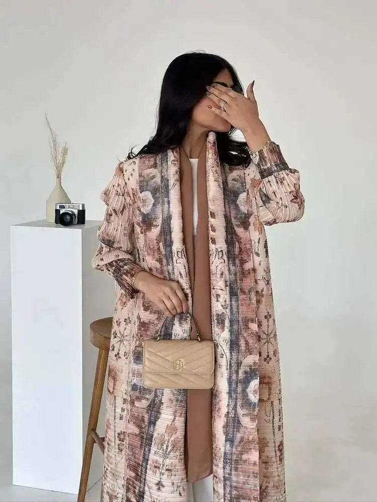 LANMREM Printed Pleated Trench Coat For Women Fashion Tide 2025 New Lapel Elegant Versatile Ethnic Style Long Cape Coat 2DE756