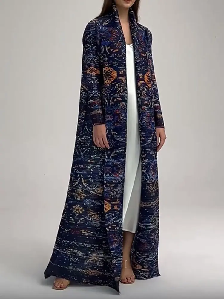 LANMREM Navy Blue Print Robe Pleated Long Windbreaker With Sleeves Female Luxury Fashion Coats 2025 Spring New 2DA7003