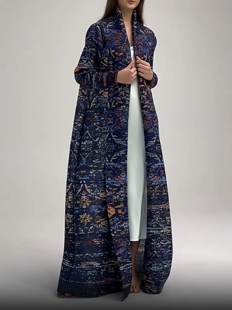 LANMREM Navy Blue Print Robe Pleated Long Windbreaker With Sleeves Female Luxury Fashion Coats 2025 Spring New 2DA7003