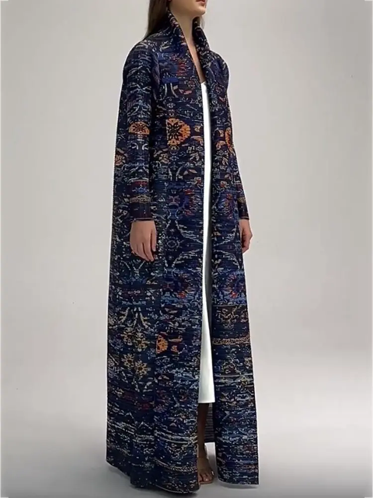 LANMREM Navy Blue Print Robe Pleated Long Windbreaker With Sleeves Female Luxury Fashion Coats 2025 Spring New 2DA7003