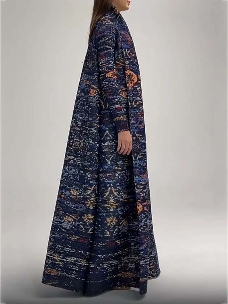 LANMREM Navy Blue Print Robe Pleated Long Windbreaker With Sleeves Female Luxury Fashion Coats 2025 Spring New 2DA7003
