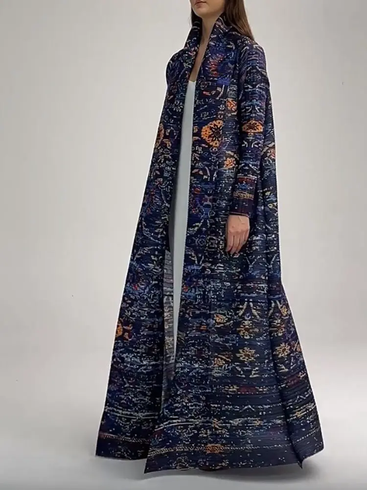 LANMREM Navy Blue Print Robe Pleated Long Windbreaker With Sleeves Female Luxury Fashion Coats 2025 Spring New 2DA7003