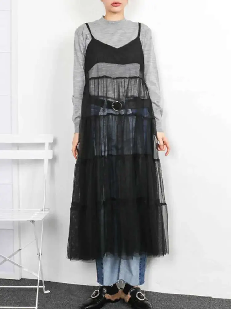 LANMREM Mesh Sling Dress For Women Sleeveless Backless Fashion Spliced Solid A-line Dresses Female Clothing 2025 Summer 2YA2793