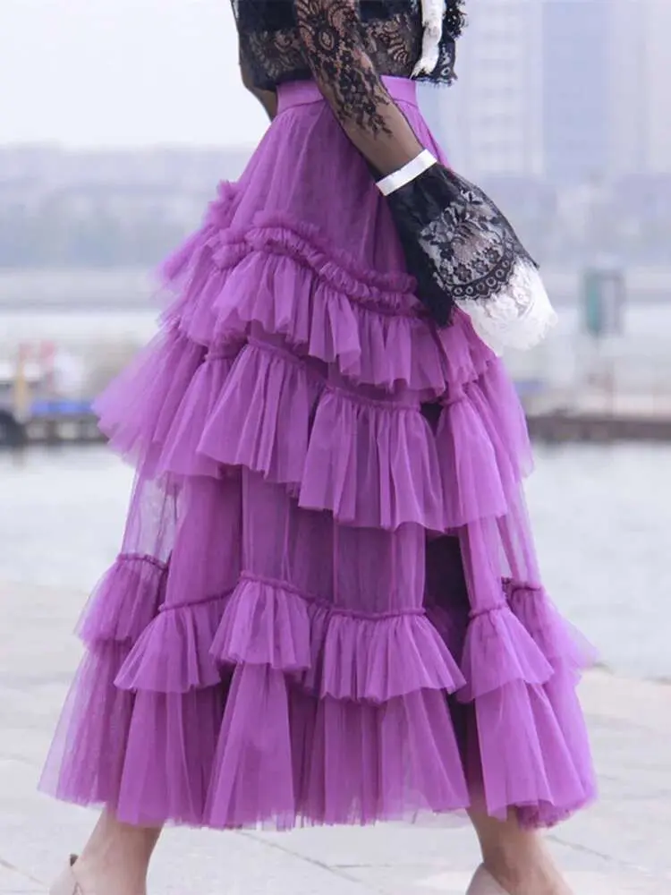 LANMREM Gauze Mesh Skirt For Women Ruffles Multilayers Long Skirts Female Party Wedding Clothing Fashion 2025 New Summer 2N450a