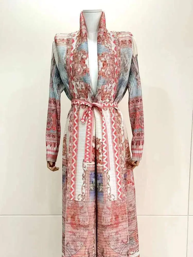 LANMREM Pleated Print Office Lady Trench Women's High Stretch Lace-up Gathered Waist Open Stitch 2024 Female Autumn New 2Z2264