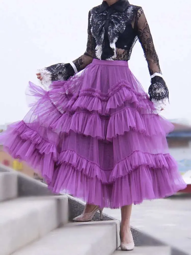 LANMREM Gauze Mesh Skirt For Women Ruffles Multilayers Long Skirts Female Party Wedding Clothing Fashion 2025 New Summer 2N450a