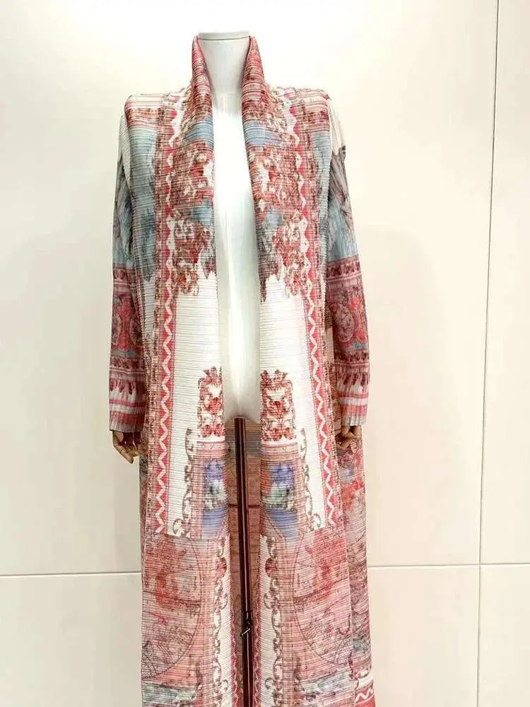 LANMREM Pleated Print Office Lady Trench Women's High Stretch Lace-up Gathered Waist Open Stitch 2024 Female Autumn New 2Z2264