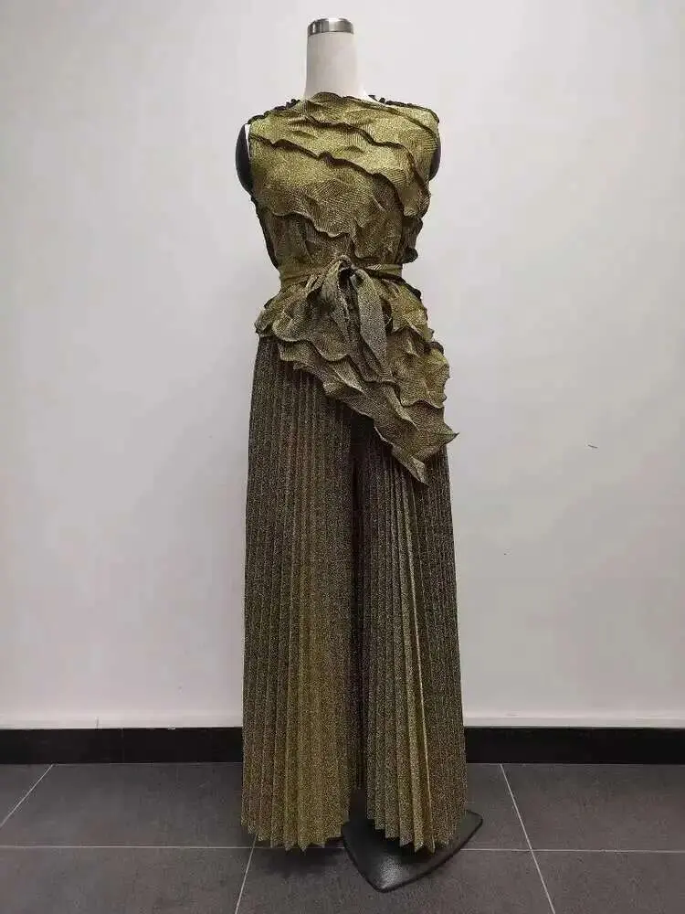 LANMREM Gilding Pleated Sets Women Tide 2025 New Sleeveless Lace Irregular Tops Loose Folds Wide Leg Pants Two-piece Set 2DE744