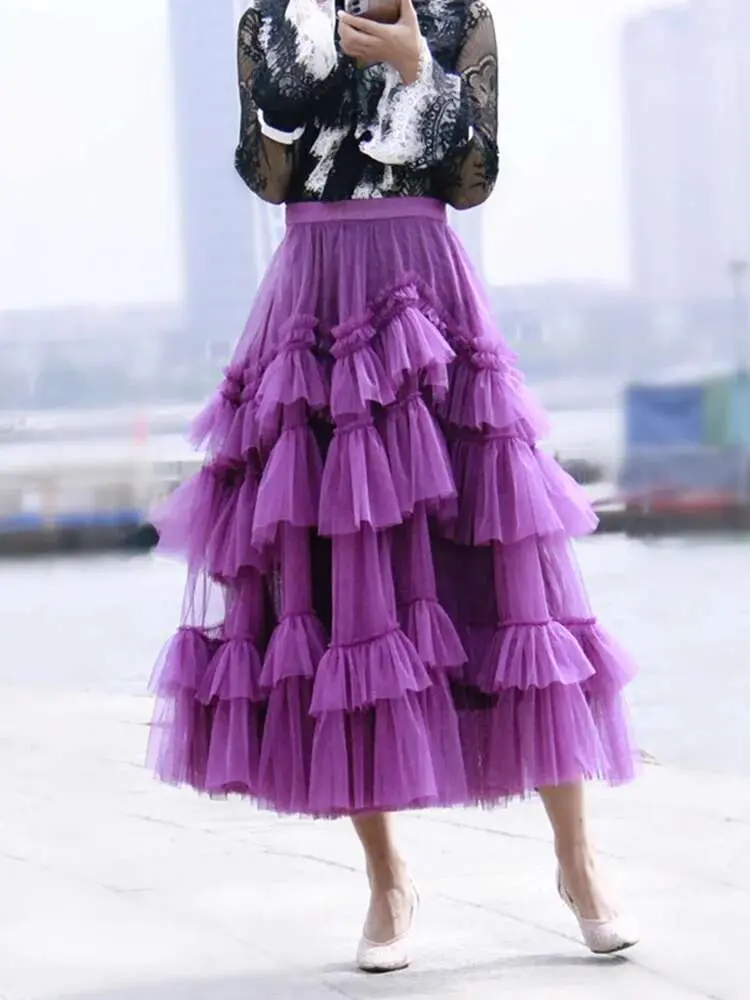 LANMREM Gauze Mesh Skirt For Women Ruffles Multilayers Long Skirts Female Party Wedding Clothing Fashion 2025 New Summer 2N450a