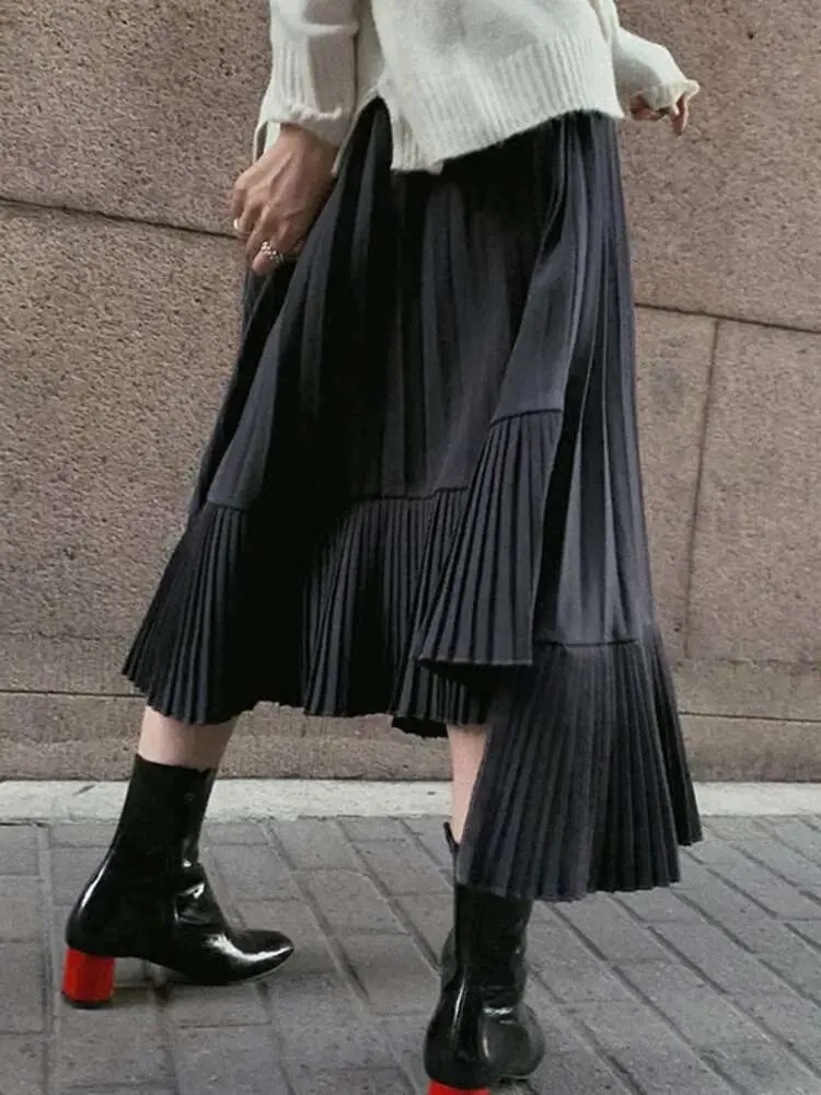 LANMREM Patchwork Fold Skirt For Women High Waist Solid Color Irregular Skirts Casual Female Clothing 2025 Spring New 2YA3242