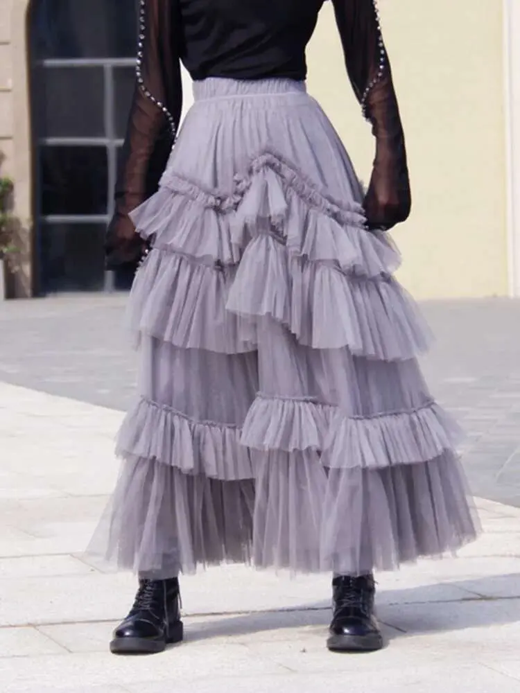 LANMREM Gauze Mesh Skirt For Women Ruffles Multilayers Long Skirts Female Party Wedding Clothing Fashion 2025 New Summer 2N450a