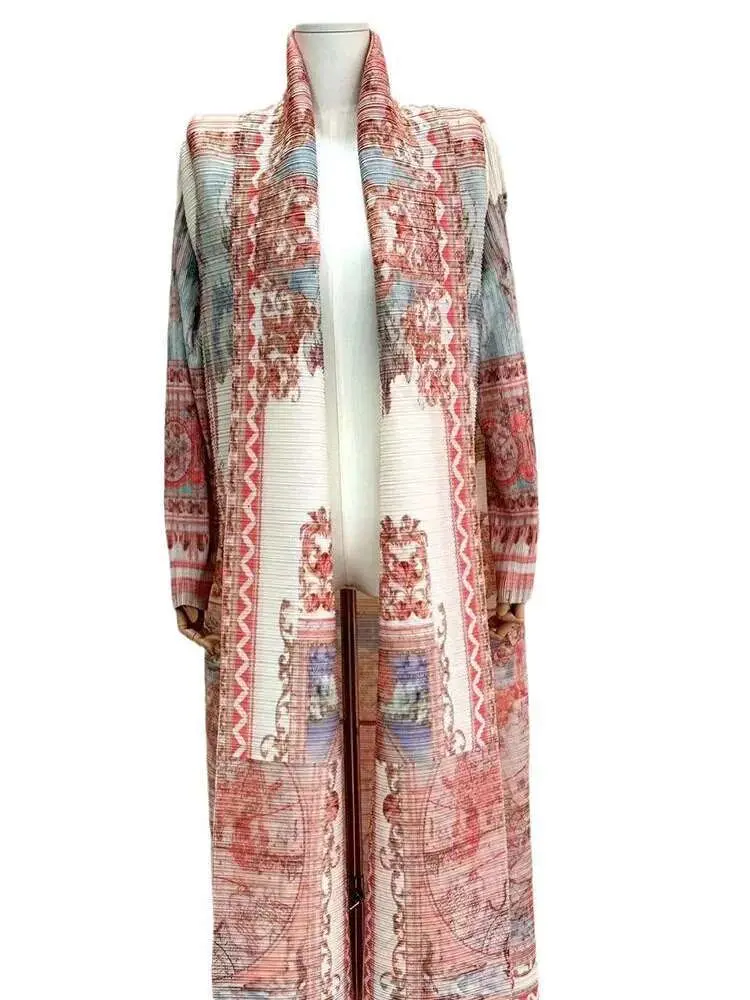 LANMREM Pleated Print Office Lady Trench Women's High Stretch Lace-up Gathered Waist Open Stitch 2024 Female Autumn New 2Z2264