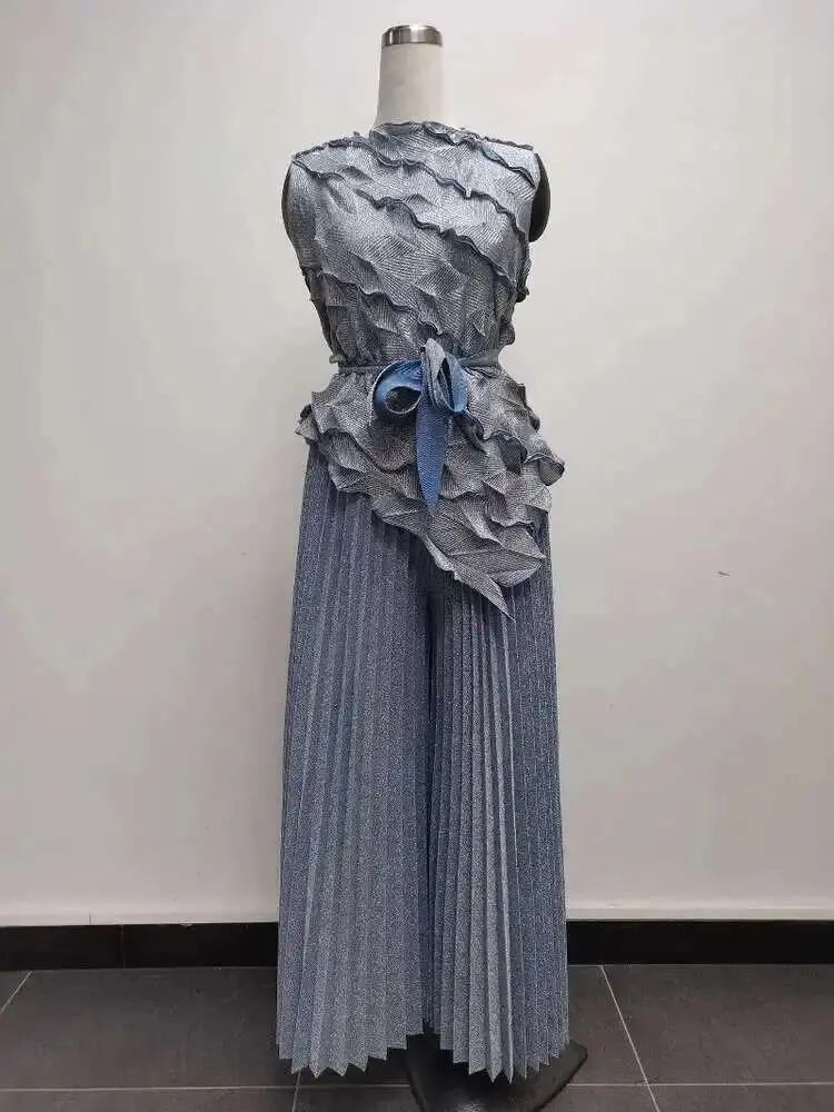 LANMREM Gilding Pleated Sets Women Tide 2025 New Sleeveless Lace Irregular Tops Loose Folds Wide Leg Pants Two-piece Set 2DE744