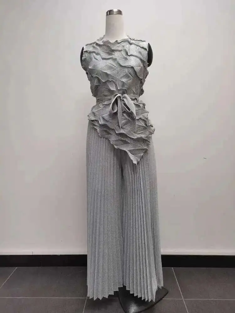 LANMREM Gilding Pleated Sets Women Tide 2025 New Sleeveless Lace Irregular Tops Loose Folds Wide Leg Pants Two-piece Set 2DE744