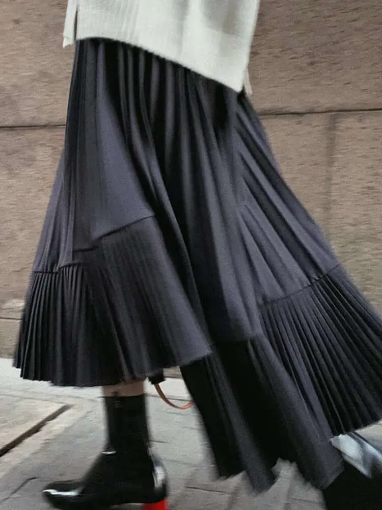 LANMREM Patchwork Fold Skirt For Women High Waist Solid Color Irregular Skirts Casual Female Clothing 2025 Spring New 2YA3242