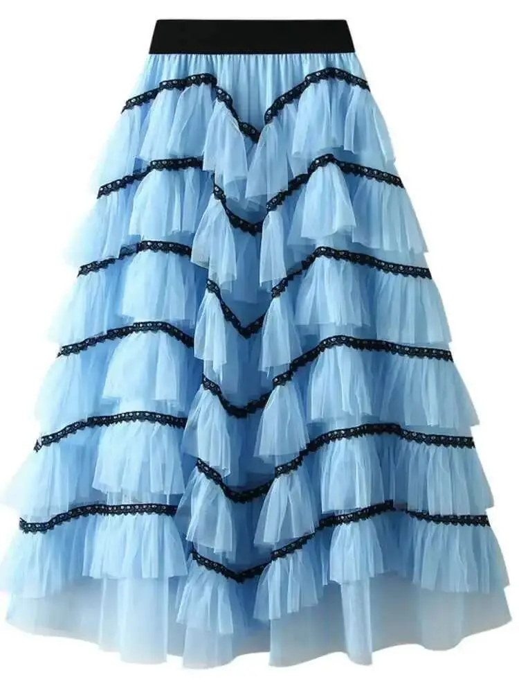 LANMREM Layer Yarn Lining Skirts For Women High Waist Contrast Color Gauze Skirt Party Clothing 2024 Spring Summer New 2DA2998