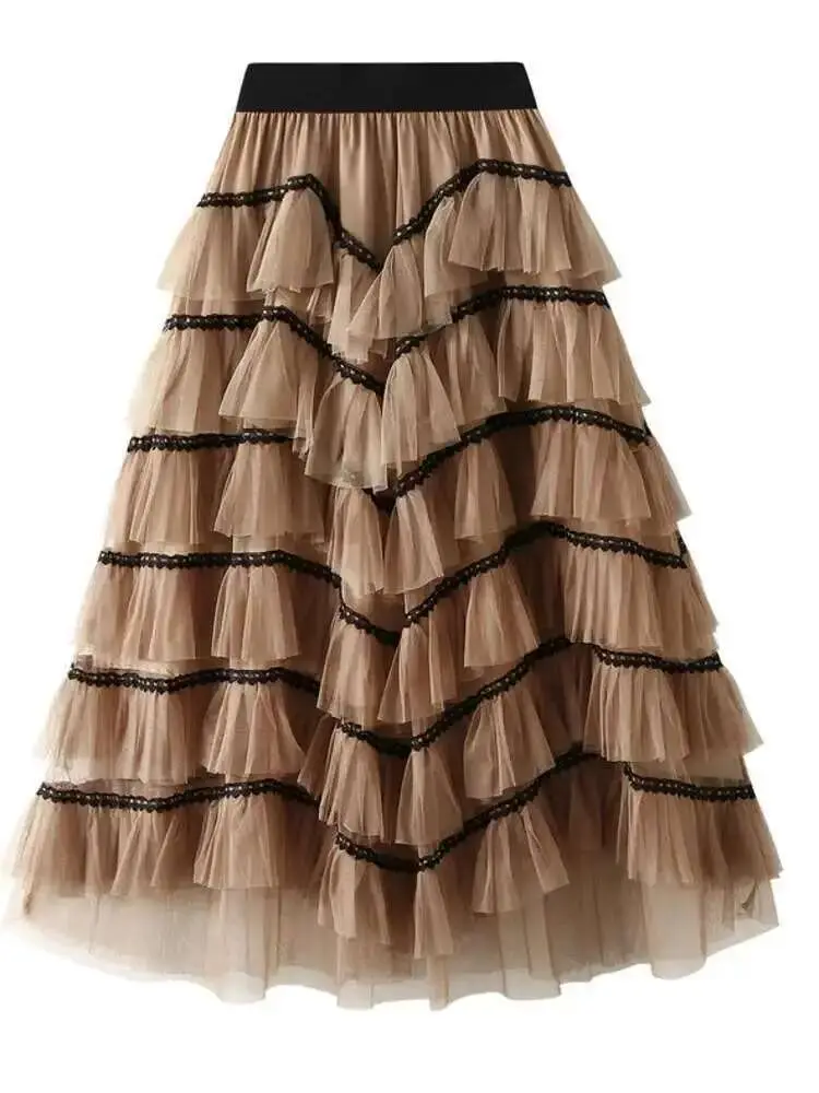 LANMREM Layer Yarn Lining Skirts For Women High Waist Contrast Color Gauze Skirt Party Clothing 2024 Spring Summer New 2DA2998
