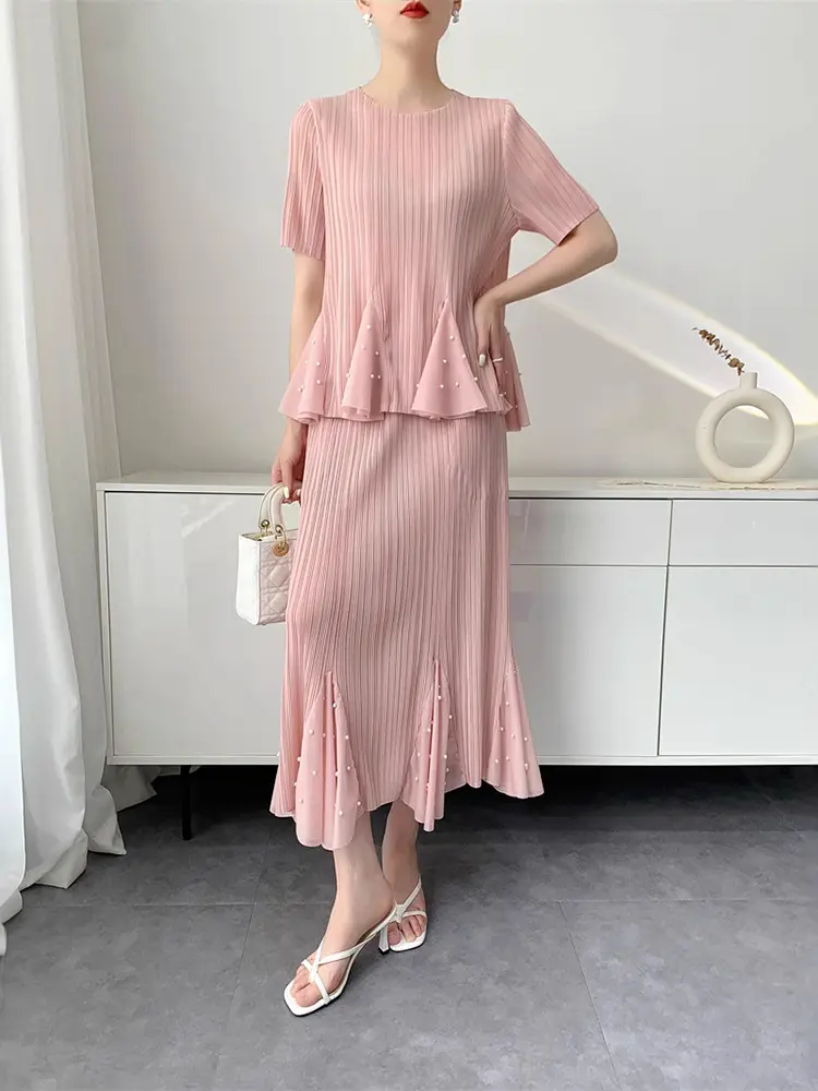 LANMREM Lotus leaf large swing nail bead short sleeved pleated top+pleated half body fishtail skirt 2DB2943