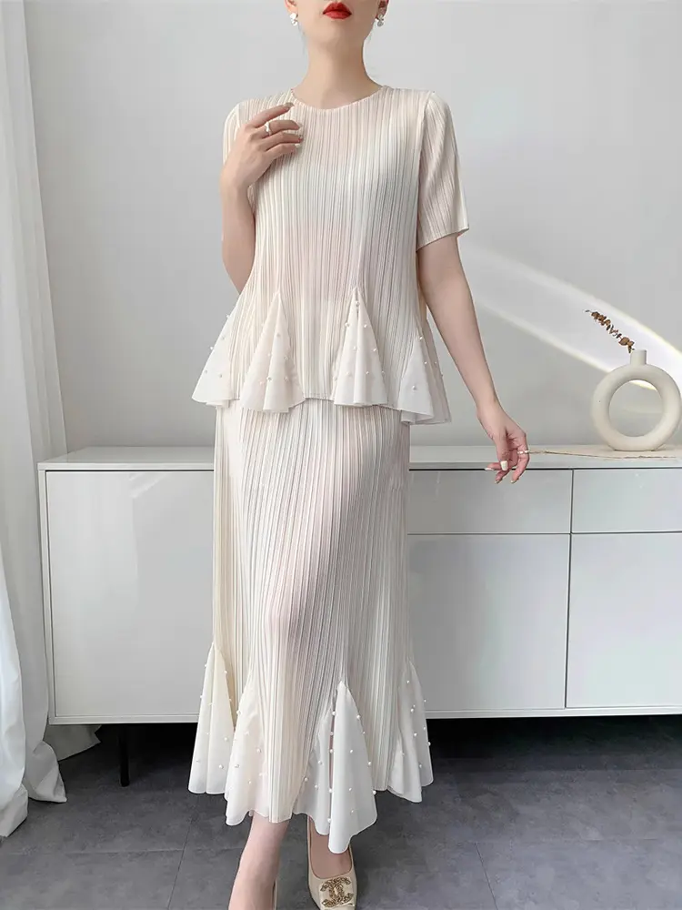 LANMREM Lotus leaf large swing nail bead short sleeved pleated top+pleated half body fishtail skirt 2DB2943