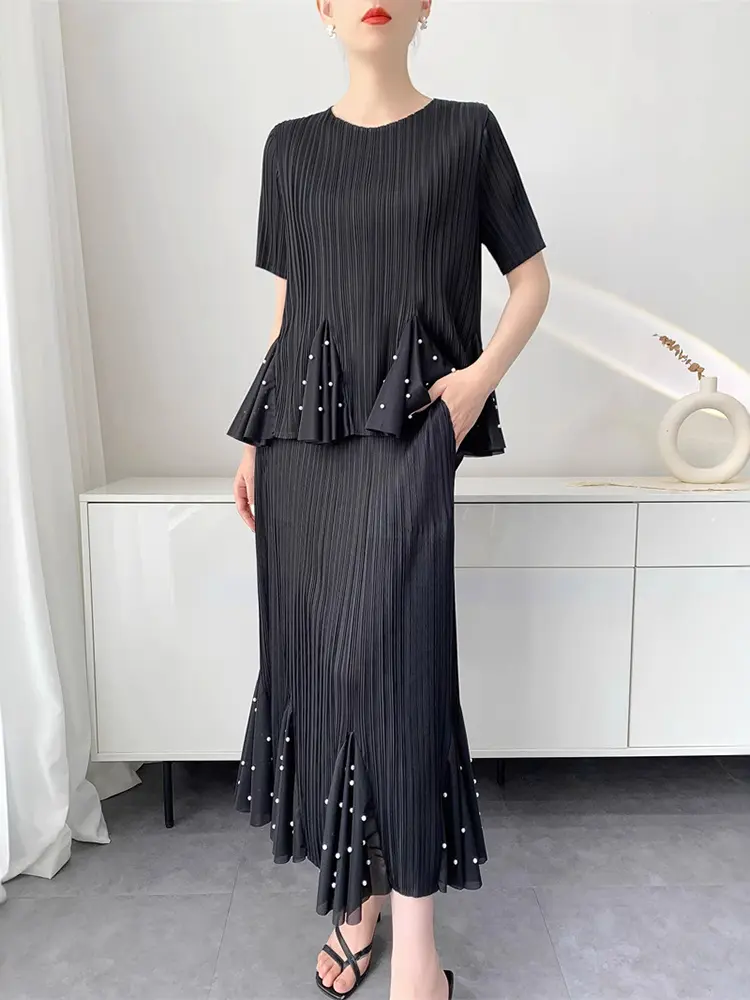 LANMREM Lotus leaf large swing nail bead short sleeved pleated top+pleated half body fishtail skirt 2DB2943