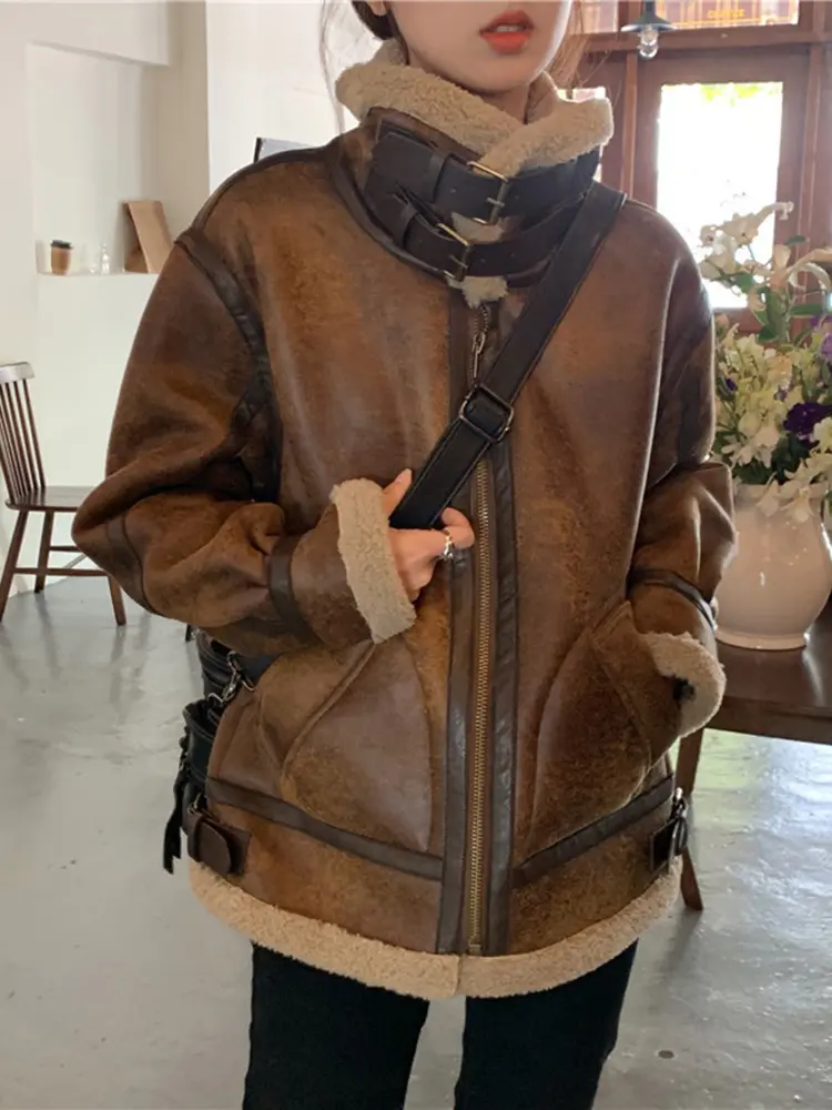 LANMREM Vintage Lamb Fur Winter Coat Women Belt Spliced Collar Design Zipper Slim Warm Jackets Fashion 2024 New Clothing 2VV112