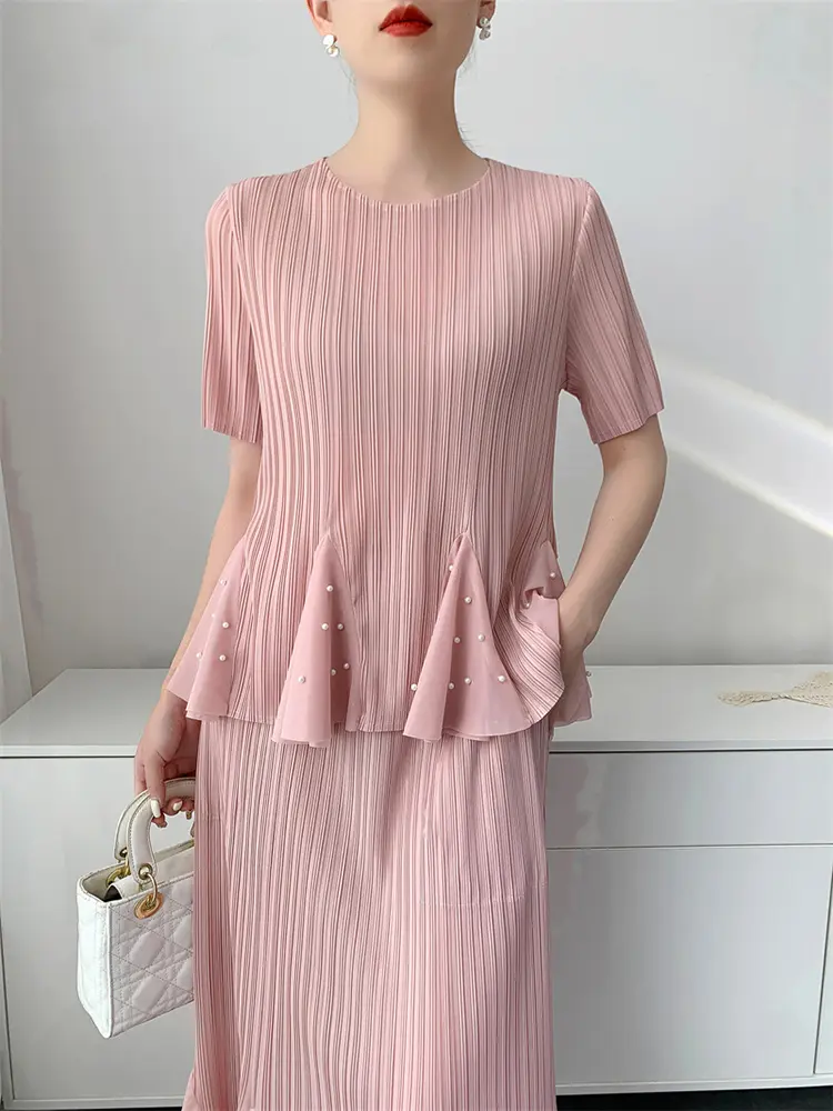 LANMREM Lotus leaf large swing nail bead short sleeved pleated top+pleated half body fishtail skirt 2DB2943