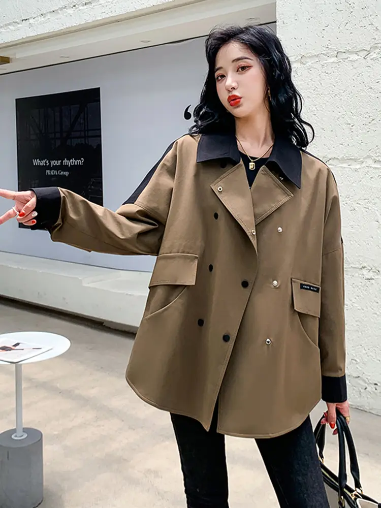 LANMREM Color Block Windbreaker Women's 2024 Spring And Autumn Double Breasted Korean Version Loose Fashion Jacket Coat 2DB1364