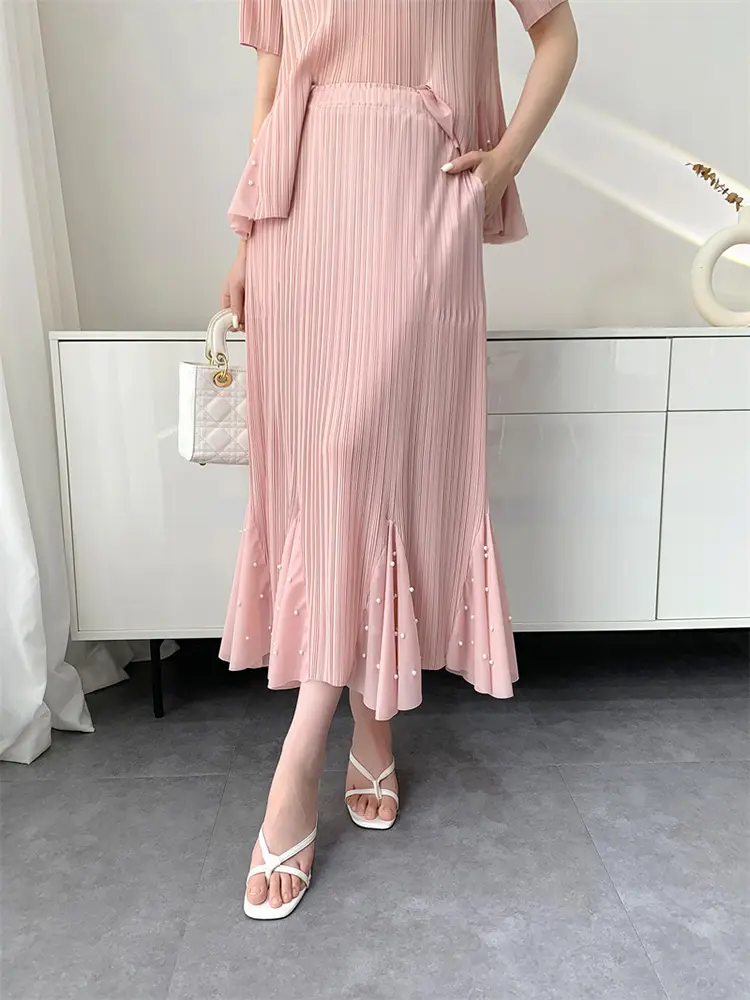 LANMREM Lotus leaf large swing nail bead short sleeved pleated top+pleated half body fishtail skirt 2DB2943