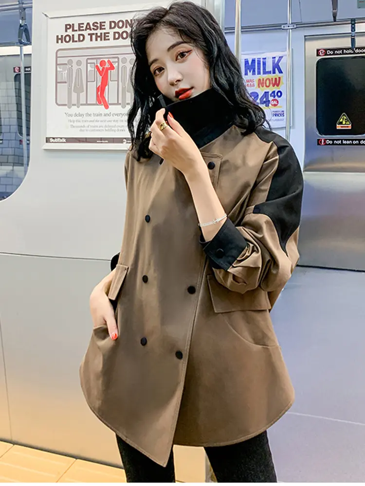 LANMREM Color Block Windbreaker Women's 2024 Spring And Autumn Double Breasted Korean Version Loose Fashion Jacket Coat 2DB1364