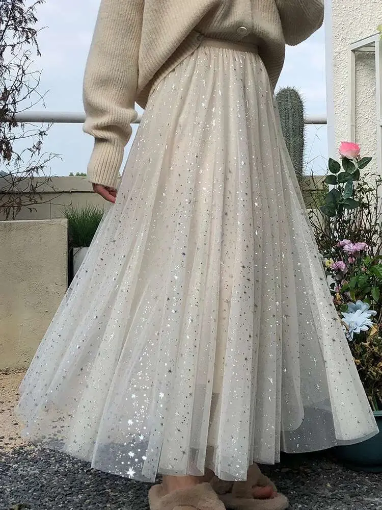 LANMREM Sequin Star Gauze Skirts For Women High Elastic Waist Elegant Skirts 2025 New Spring Female Sweet Clothing 2Q1129