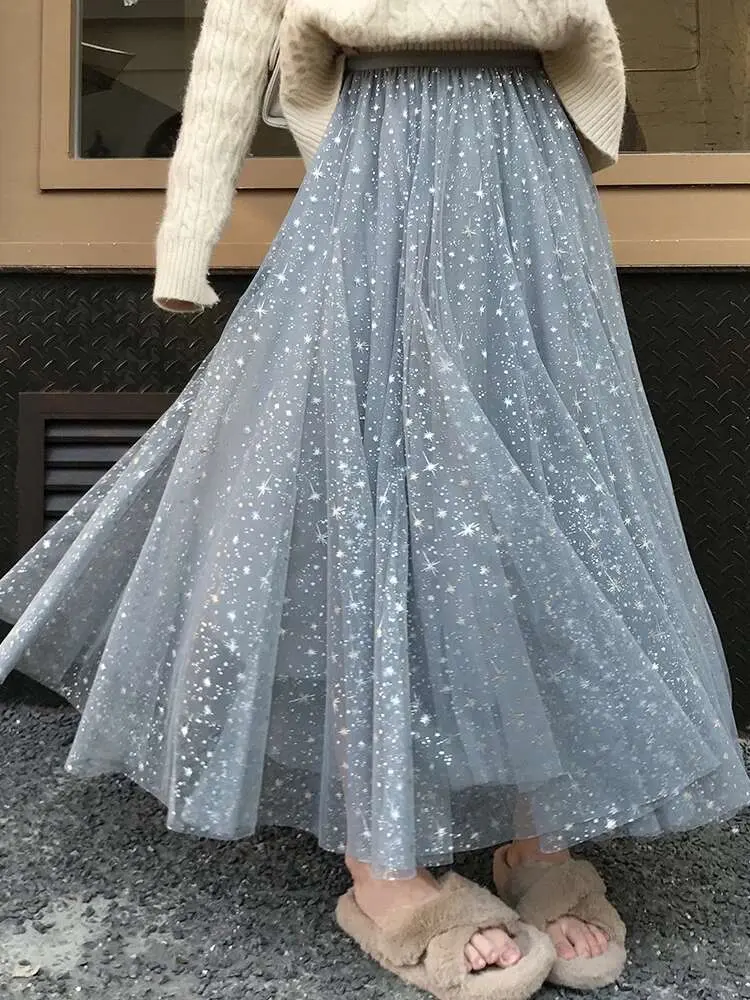 LANMREM Sequin Star Gauze Skirts For Women High Elastic Waist Elegant Skirts 2025 New Spring Female Sweet Clothing 2Q1129