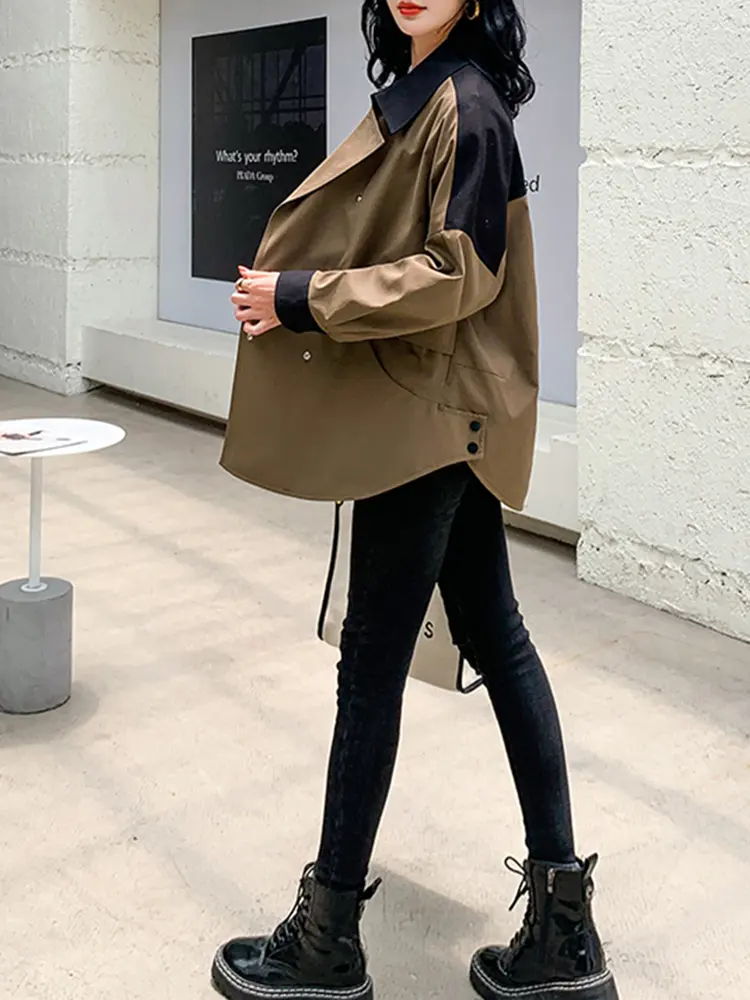 LANMREM Color Block Windbreaker Women's 2024 Spring And Autumn Double Breasted Korean Version Loose Fashion Jacket Coat 2DB1364