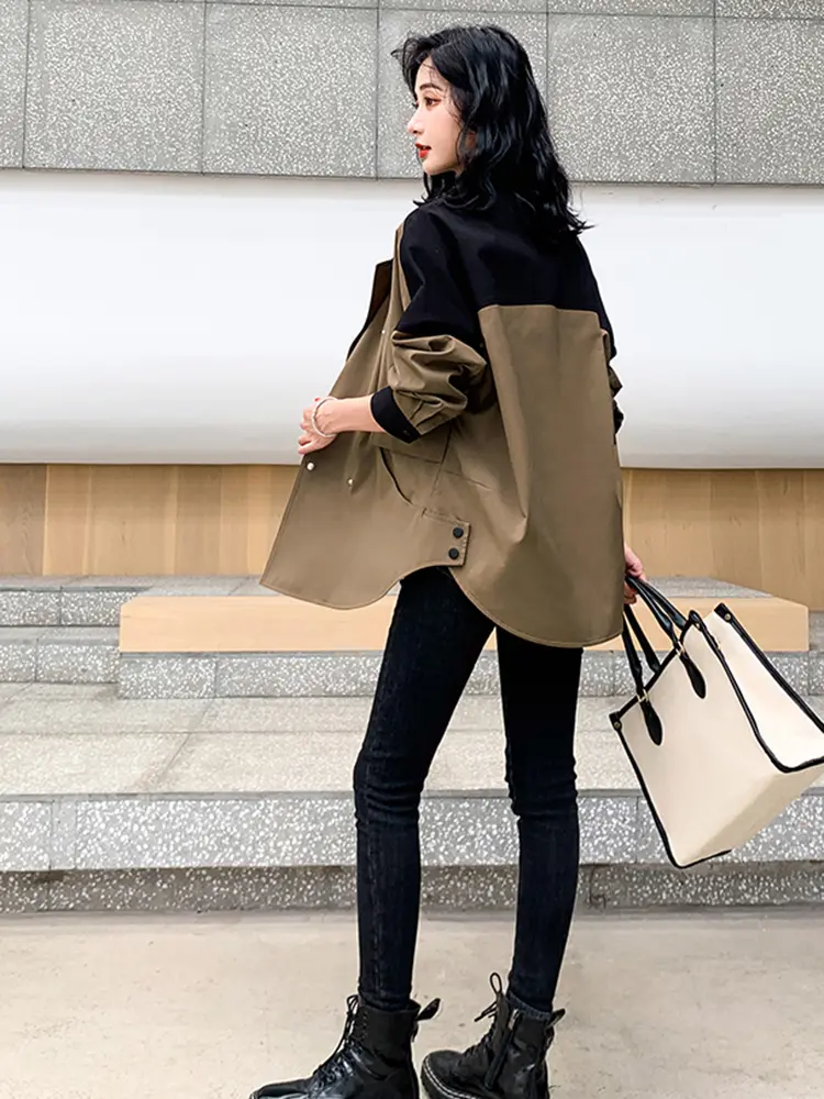 LANMREM Color Block Windbreaker Women's 2024 Spring And Autumn Double Breasted Korean Version Loose Fashion Jacket Coat 2DB1364